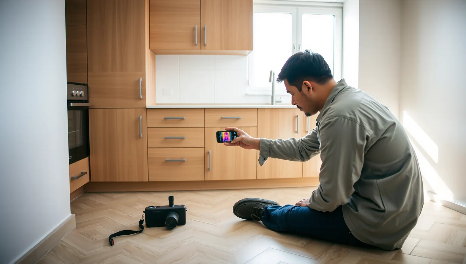 Técnico revisando el piso de una cocina con una cámara térmica conectada al teléfono