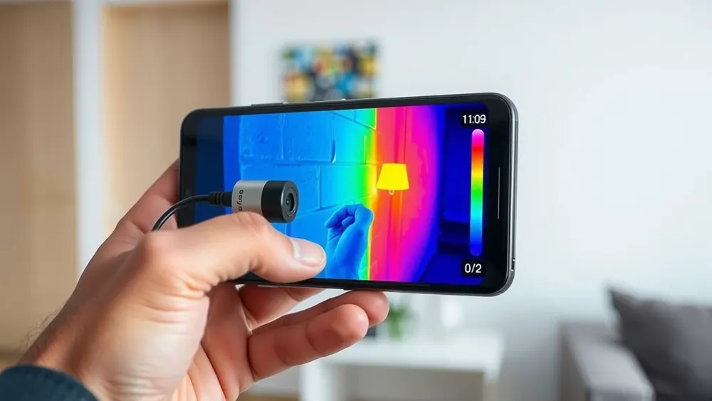 Teléfono con cámara térmica mostrando una mancha fría en un muro