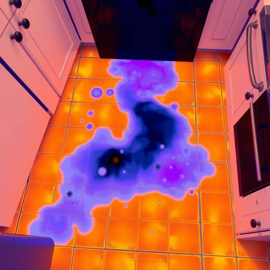 Imagen térmica de un piso de cocina con una mancha fría donde está la fuga